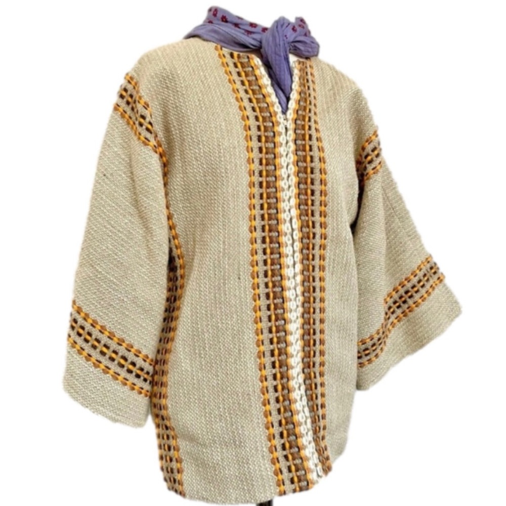 Vintage 70s Maria Svatina 100% wool handwoven boho carpet sweater jacket - S